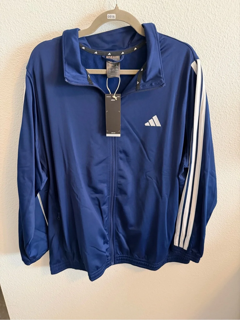 adidas Men's Navy Blue Zip-Up Windbreaker with White Three-Stripes